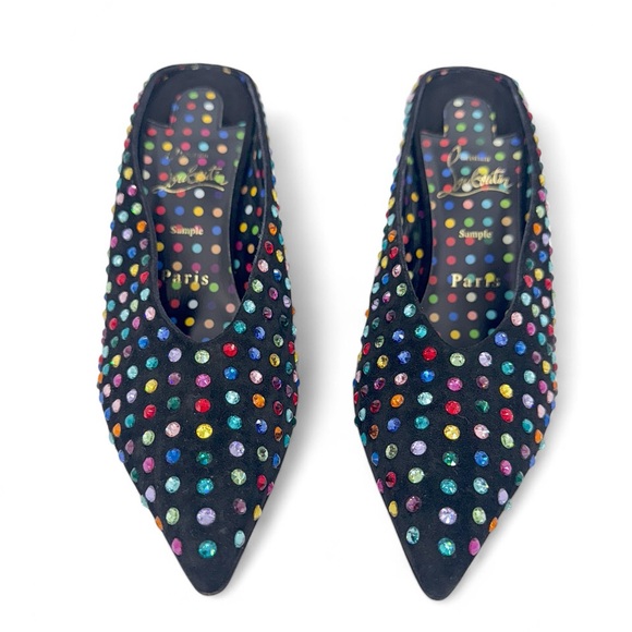 Rare CHRISTIAN LOUBOUTIN Veryvee Black Bedazzled Red Sole Mules Size 37 - Picture 8 of 17
